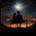 Moonlit embrace, Couple on bench, falling star, rear view illustrated nights romantic tale