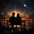 Moonlit embrace, Couple on bench, falling star, rear view illustrated nights romantic tale