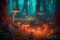 Moonlit fantasy mushroom forest, bright white and red magical mushrooms.