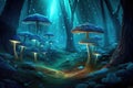 Moonlit fantasy mushroom forest, white and blue magical mushrooms, with fireflies.