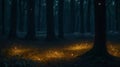 A moonlit forest with fireflies creating a glowing dance