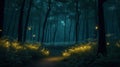 A moonlit forest with fireflies dancing around the trees
