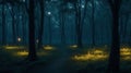 A moonlit forest with fireflies dancing around the trees