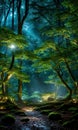 Moonlit Forest Glade. Amidst ancient trees, a moonbeam illuminates a hidden glade.