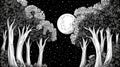 Enchanted Forest at Night Full Moon and Starry Sky, Black and White Fantasy Art Royalty Free Stock Photo