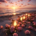 A_candle-lit_beach_at_sunset_where_roses