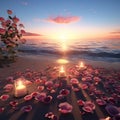 A_candle-lit_beach_at_sunset_where_roses