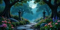 Moonlit garden path under ancient trees with stone pillars and blooming flowers. Generative AI Royalty Free Stock Photo