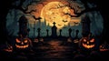 Moonlit Graveyard with Sinister Pumpkins and Haunted Castle: A Quintessential Halloween Backdrop. Generative Ai