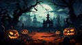 Moonlit Graveyard with Sinister Pumpkins and Haunted Castle: A Quintessential Halloween Backdrop. Generative Ai