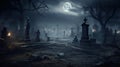 Moonlit graveyard with tombstones and a misty atmosphere