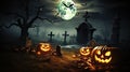 Moonlit Haunted Graveyard Spooky Halloween Background with Pumpkins and Full Moon. created with Generative AI