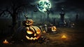 Moonlit Haunted Graveyard Spooky Halloween Background with Pumpkins and Full Moon. created with Generative AI