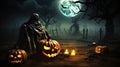 Moonlit Haunted Graveyard Spooky Halloween Background with Pumpkins and Full Moon. created with Generative AI