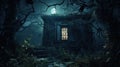 Moonlit haunted house with broken windows evoking a sense of mystery