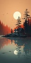 Moonlit House: A Minimalist Illustration Of A Forest Lake