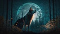 Moonlit Hunt: AI Generated Image Wolf in Night Forest with the Full Moon Shining - A Captivating Display of Nature\'s Beaut