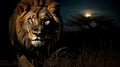 Moonlit Hunt: Stealthy Lion on the Prowl