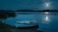 A moonlit lake reflects the night sky above its surface shimmering with the delicate light of the moon. A rowboat sits
