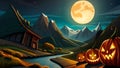 Moonlit landscape with Halloween pumpkin lanterns