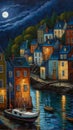 Moonlit Magic: A Charming Village on a Hill by the Harbor