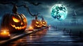 Moonlit Magic Enchanting Halloween Scene with Glowing Jack O\' Lanterns in the Spooky Night. created with Generative AI