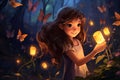 Moonlit Magic: Girl and Glowing Butterfly Illuminate the Night