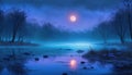 Tranquil moonlight: misty river scene