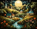 Moonlit Magic in a Rural Village: A Delightful Illustration of T