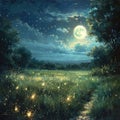 Moonlit Meadow with Fireflies