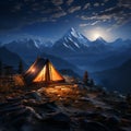 Moonlit mountain retreat Tent on heights, basking in nocturnal alpine serenity