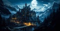 Moonlit Mystery Illustration of a Dark Castle in the Mountains