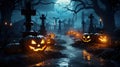 Moonlit Mystique. Pumpkins in the spooky forest in the moonlight. Halloween background