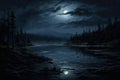 Moonlit Night landscape lake. Generate Ai Royalty Free Stock Photo