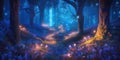 Moonlit night scene in magical forest with glowing fireflies over enchanted flowers, fairytale landscape. Generative AI