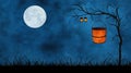 Moonlit night scene with a tree lanterns and a hanging bucket against a blue background Royalty Free Stock Photo