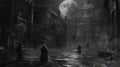 Moonlit night solitude on an old city street with mysterious figures in shadows