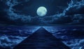 Moonlit ocean pathway, dark clouds, serene water, mystical atmosphere Royalty Free Stock Photo