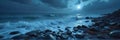 Moonlit ocean shore with dark rocks and cloudy night sky Royalty Free Stock Photo