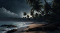 Moonlit Paradise: Tropical Beach Serenity Amidst Towering Palm Trees
