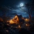 Moonlit refuge Tent in the night, illuminated by natures gentle nocturnal glow