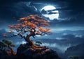 A big tree on the edge of a cliff under the moonlight in the middle of the night