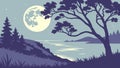 Moonlit River Landscape with Lone Tree and Distant Hills, vector design Generative AI Royalty Free Stock Photo