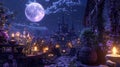 A moonlit rooftop garden where a group of witches and wizards concoct potions with the help of sparkling fireflies and