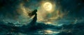 Moonlit Sea Enchantress in Watercolor Waves. Concept Seascape Painting, Moonlight Reflections,