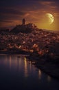 Moonlit Serenity: A Coastal Town Nestled Beneath a Majestic Castle, ai generative