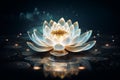 Moonlit serenity glowing white lotus flower on dark blue water background at night Royalty Free Stock Photo