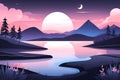 Moonlit Serenity: Hill Lake Landscape under the Night Sky
