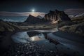 Moonlit Serenity: A Night Landscape with a Snow-Covered Mountain Range, ai generative