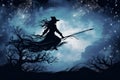 Moonlit silhouette of a witch on a broomstick against a starry backdrop Royalty Free Stock Photo